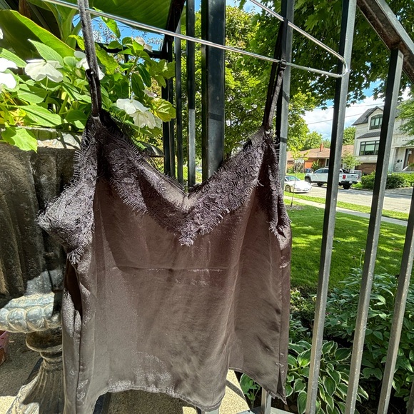 Satin black tank top with lace trim. - Picture 2 of 2